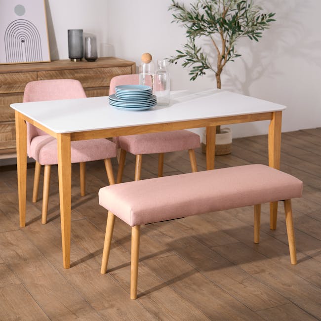 Miranda Chair - Natural, Peach Pink - 4 - Modern dining room, minimalist furniture, wooden dining table, pink upholstered