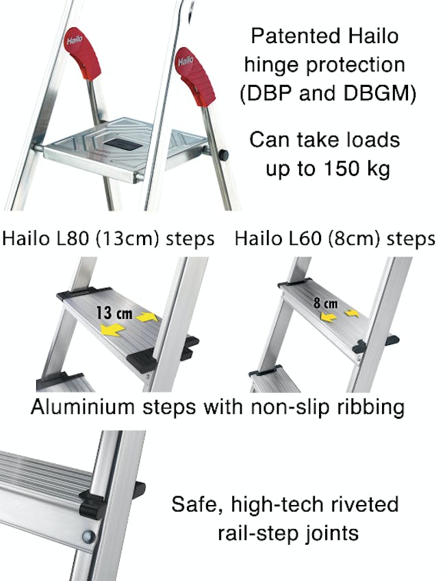 Hailo Aluminium 5 Step Ladder (2 Step Sizes) - 8cm Wide Step Ladder - 1