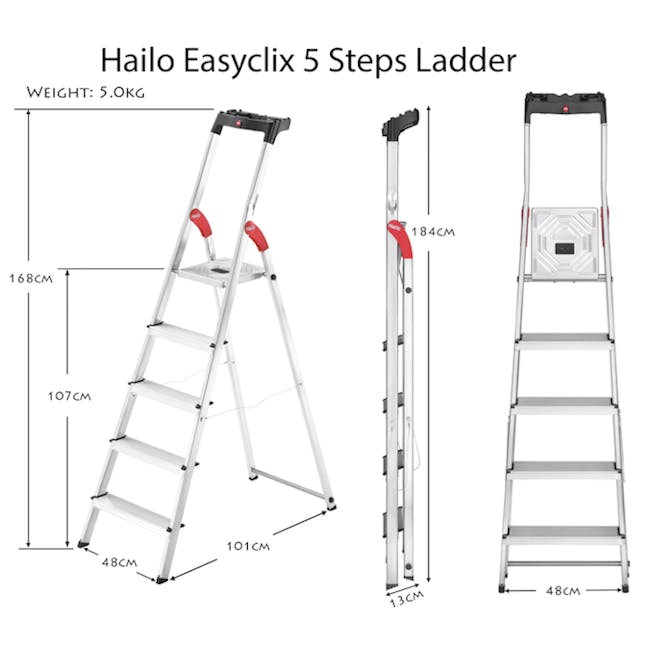 Hailo Aluminium 5 Step Ladder (2 Step Sizes) - 8cm Wide Step Ladder - 2