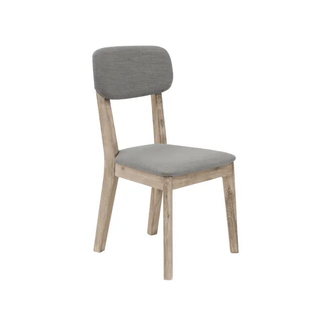 Leland Dining Chair - 15 - Wooden chair with gray cushion, natural wood finish, minimalist design, modern aesthetic