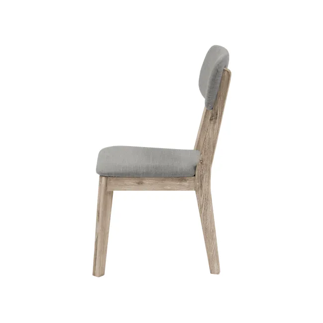 Leland Dining Chair - 8 - Wooden chair with gray cushion, minimalist design, natural wood finish, rustic aesthetic, cozy