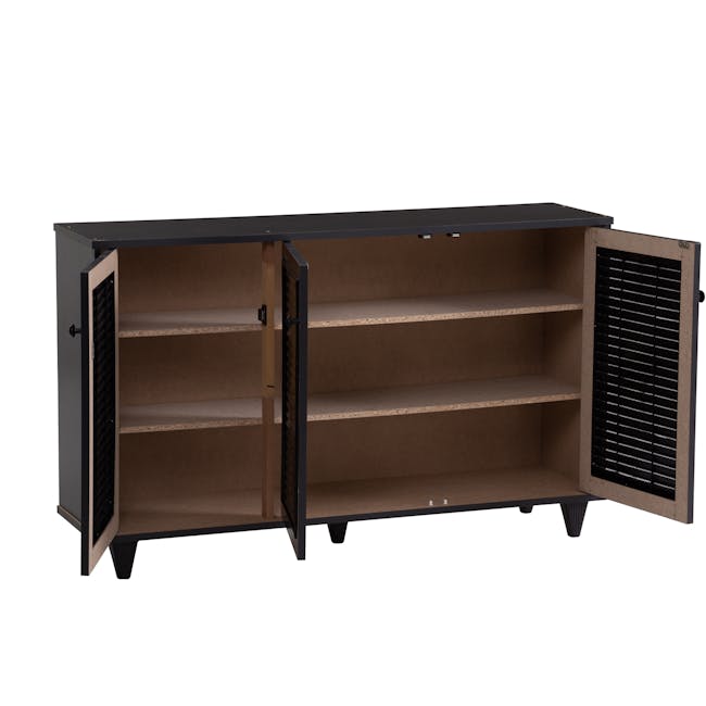 Aveleen 3 Door Shoe Cabinet - Cappuccino - 2 - Shelf cabinet with open doors, minimalist design, brown wooden shelves, black
