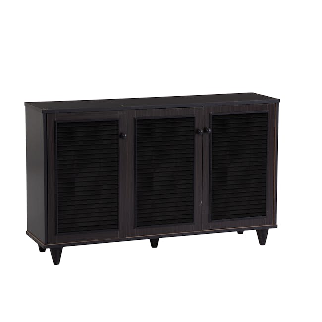 Aveleen 3 Door Shoe Cabinet - Cappuccino - 1 - Dark wood cabinet with black louvered doors, three doors, black finish
