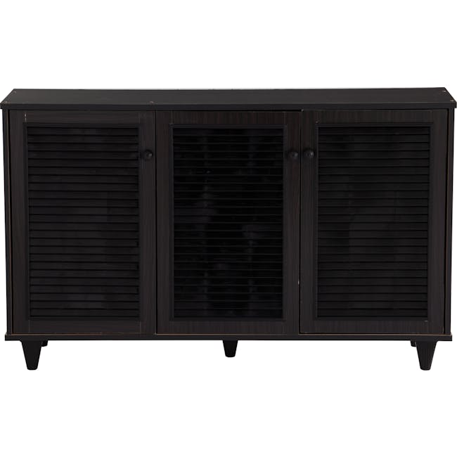 Aveleen 3 Door Shoe Cabinet - Cappuccino - 3 - Dark wood cabinet with horizontal slats, black metal handles, two doors with