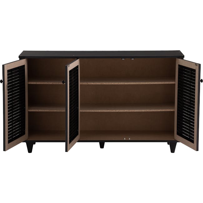 Aveleen 3 Door Shoe Cabinet - Cappuccino - 4 - Wooden cabinet with black handles, open shelves, minimalist design, brown