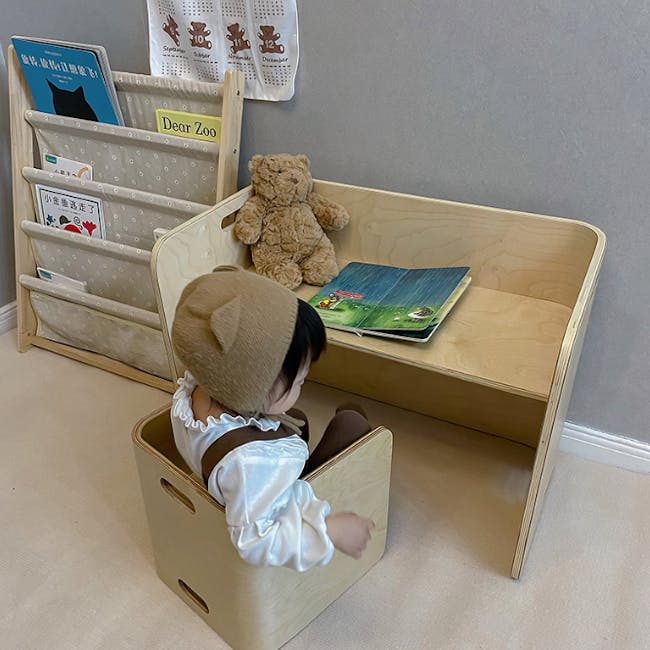 Aiden Kids Table Set - Two Chairs - 10 - Wooden playset with child sitting inside, beige hat, white blouse with ruffled