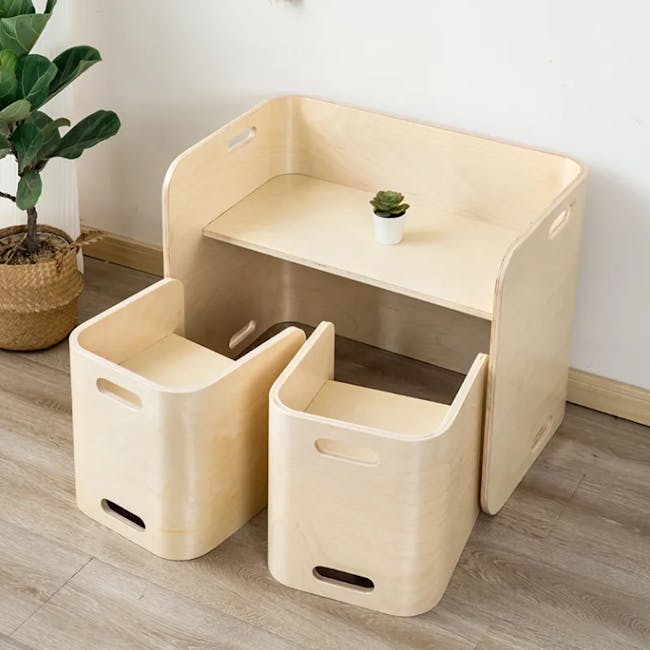 Aiden Kids Table Set - Two Chairs - 19 - Wooden desk with built-in storage, small potted plant, light wooden furniture