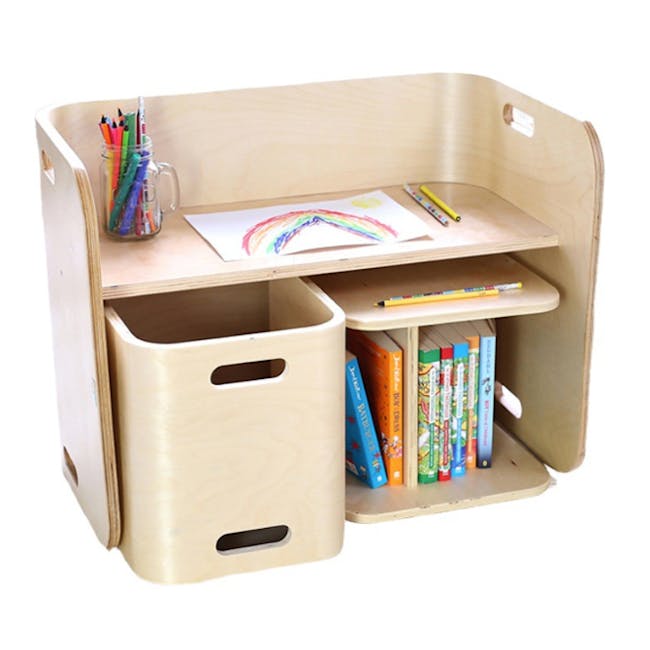 Aiden Kids Table Set - Two Chairs - 12 - Wooden cubby shelf, open storage, children's desk, colorful pencils, rainbow art