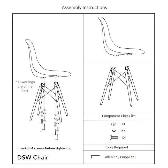 Oslo Chair - Black - 12 - DSW Chair assembly instructions, Lower legs placement on chair, Screw insertion before tightening