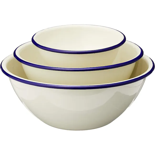 Wiltshire Enamel Mixing Bowls (Set of 3) - 3 - White ceramic bowls with blue rims, stacked neatly, glossy finish, simple