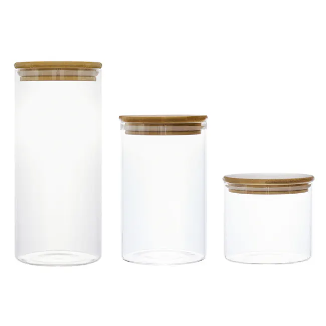 EVERYDAY Glass Jar with Bamboo Lid (Set of 3) - 1 - Clear glass jars, transparent containers, cylindrical shape, wooden