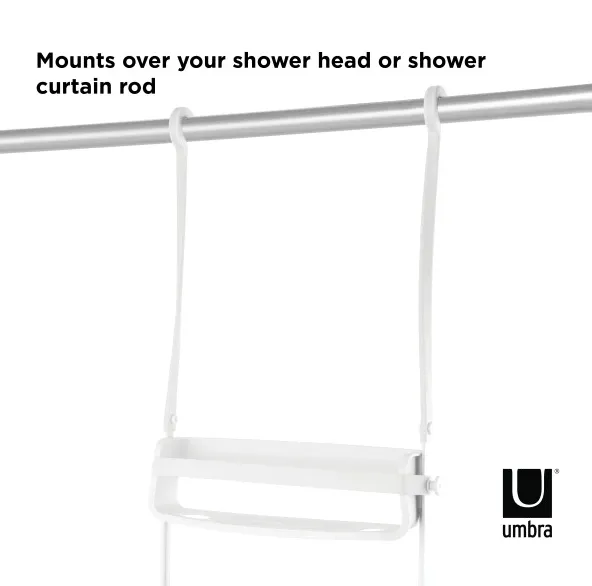 Flex Shower Caddy - White - 11 - Shower head mount, shower curtain rod, adjustable shower rack, multipurpose shower