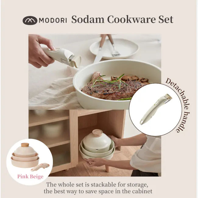 Sodam Nonstick Cookware Set - Cream White - 6 - Modori Sodam Cookware Set, detachable handle, portable cooking pot