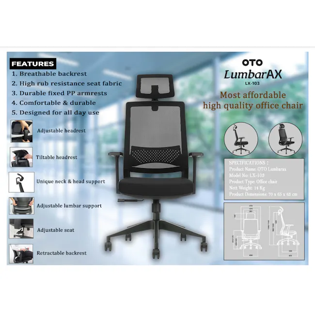 OTO Lumbarax - 5 - Breathable backrest, High rub resistance seat fabric, Durable fixed PP armrests, Comfortable & durable