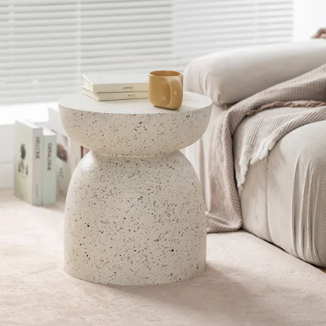 Elara Terrazzo Side Table - 5 - Modern minimalist coffee table, speckled white, round top, cozy living room, soft pastel