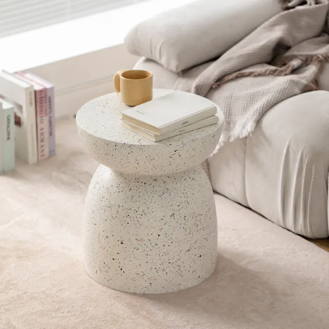 Elara Terrazzo Side Table - 4 - Modern minimalist coffee table, textured surface, small round top, beige ceramic, stack of