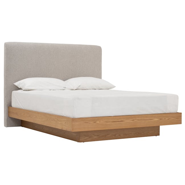 Kenzou Queen Bed in Oak, Grey Mist with 2 Kyoto Top Drawer Bedside Table in Oak - 2 - Modern minimalist bed with soft gray