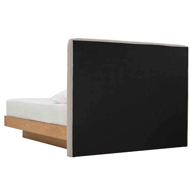 Kenzou Queen Bed in Oak, Grey Mist with 2 Kyoto Top Drawer Bedside Table in Oak - 5 - Modern minimalist bed with gray accent