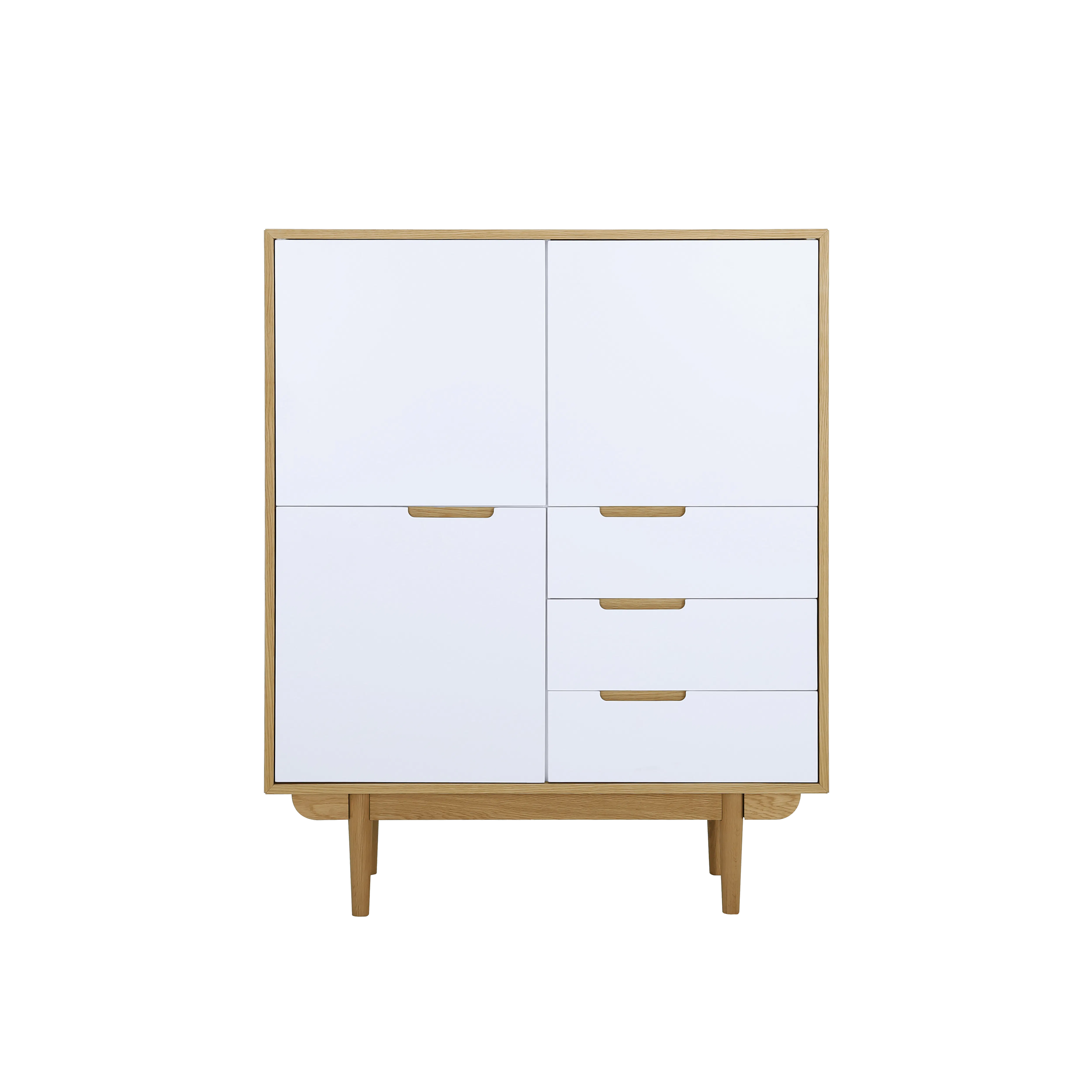 Larisa Tall Sideboard 1.1m - Oak, White - 11 - White cabinet with wooden handles, minimalist design, wooden frame, four