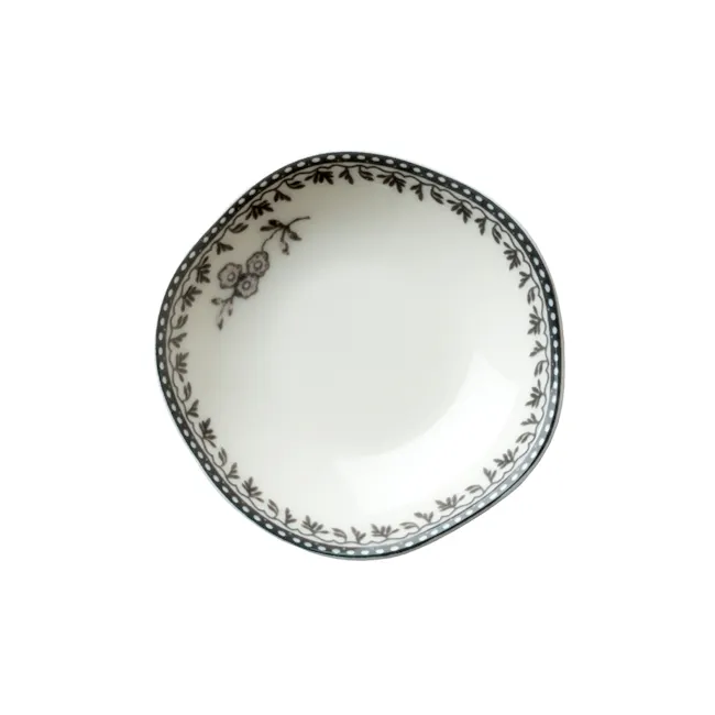 Luzerne Lancaster Garden Dish 8cm - Blue - 3 - White ceramic plate with intricate black floral and leaf patterns, oval