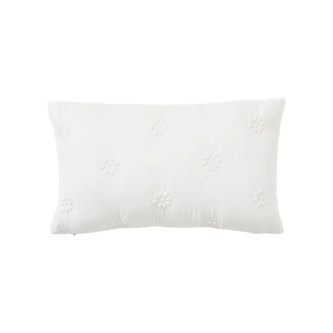 Fione Floral Tufted Lumbar Cushion - Ivory - 1 - White, floral, embroidered, soft, delicate, elegant, minimalist, modern