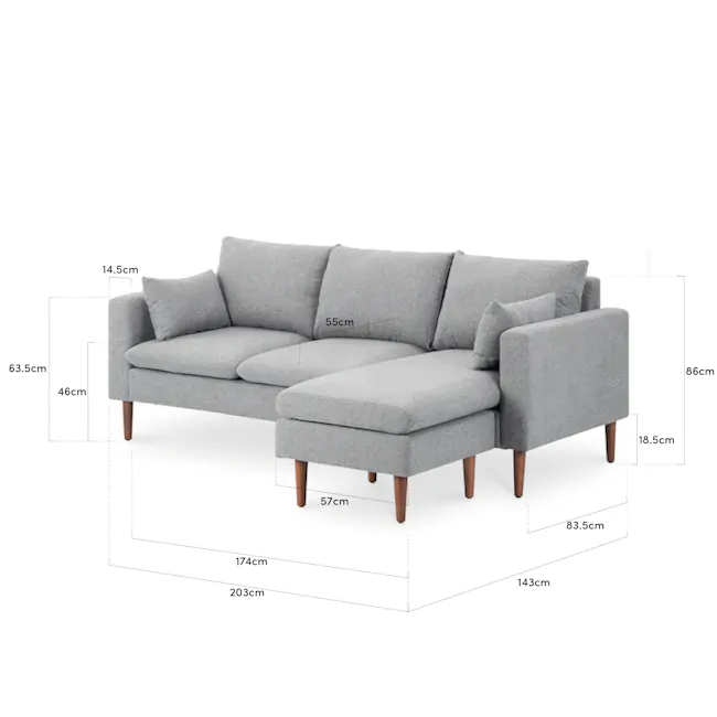 Alicia L-Shaped Sofa - Charcoal Grey - 7 - Grey upholstered sofa, 55 cm seat cushion, 5 cm backrest, 5 cm overall length, 46