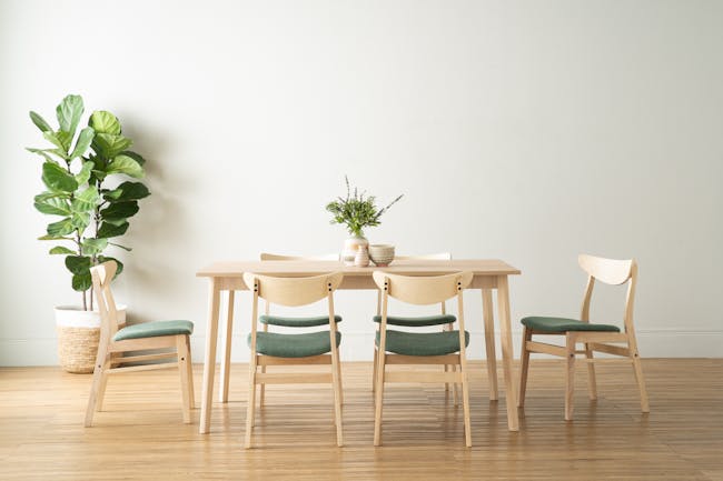 Sergio Round Dining Table 1m in Milk Oak with 2 Macy Dining Chairs in Green - 10