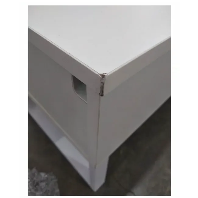 (As-is) Tahli Storage Coffee Table - White - 5 - White cabinet with visible seam, corner detail, rectangular shape, flat