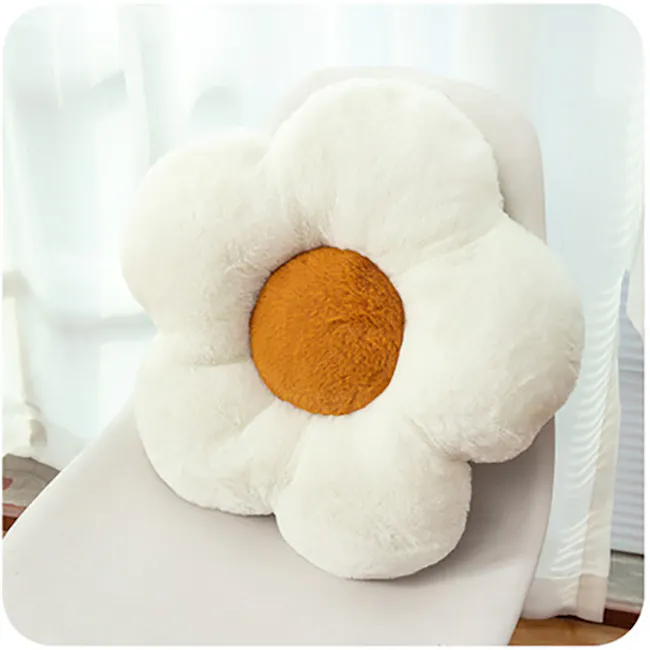Daisy Plush Cushion - White - 3 - Fluffy white flower with orange center, soft and cozy, comfortable seating option, pet