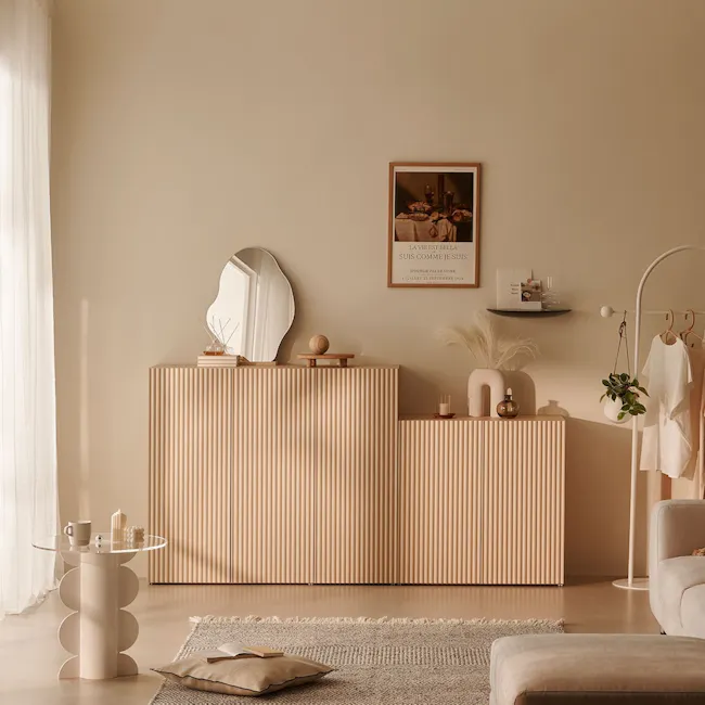 Heidi Cabinet 1.2m - Oak - 2 - Minimalist living room, neutral color palette, modern furniture, wooden cabinet, soft