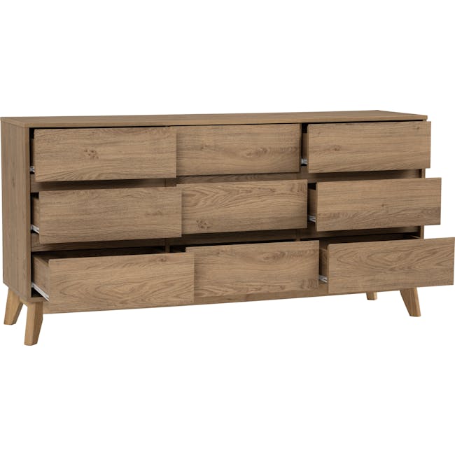 Herschel 9 Drawer Chest 1.5m - Natural - 3 - Wooden side table with multiple drawers, light brown finish, sturdy wooden