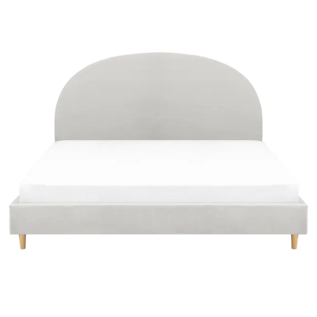 Aspen King Bed - Ice Grey - 1 - Modern minimalist bed with soft white bedding, elegant headboard, clean lines, neutral color