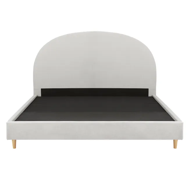 Aspen King Bed - Ice Grey - 2 - White upholstered bed frame, minimalist design, wooden footboard, black mattress, soft