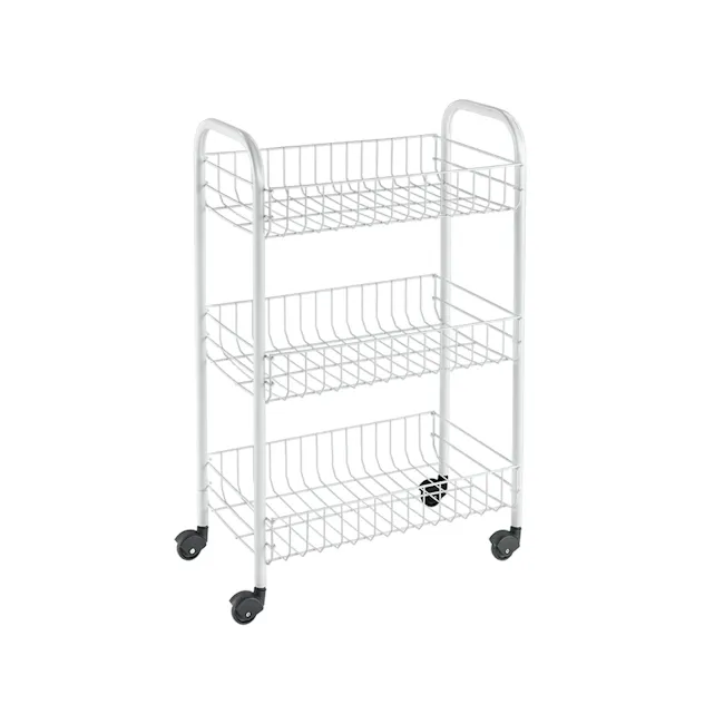 Metaltex Siena 3 Tier Rolling Cart - White - 1 - Wireframe rolling cart, white metal frame, three-tiered shelving, black