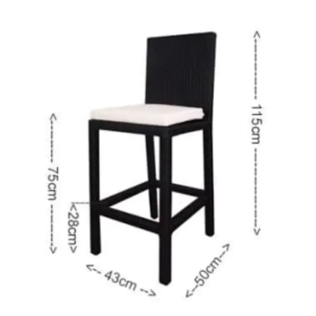 Midas 4 Chair Long Bar Set - White Cushion - 6 - Black modern dining chair, 43 cm height, 75 cm seat width, 50 cm backrest