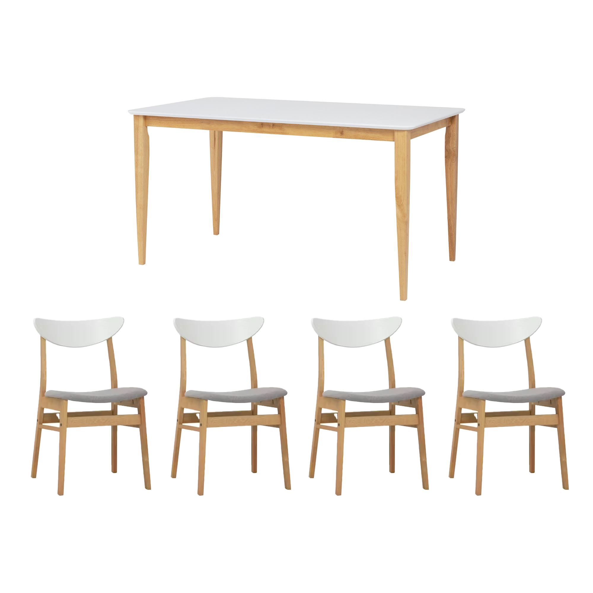 Charmant Dining Table 1.4m with 4 Macy Dining Chairs in Natural, White