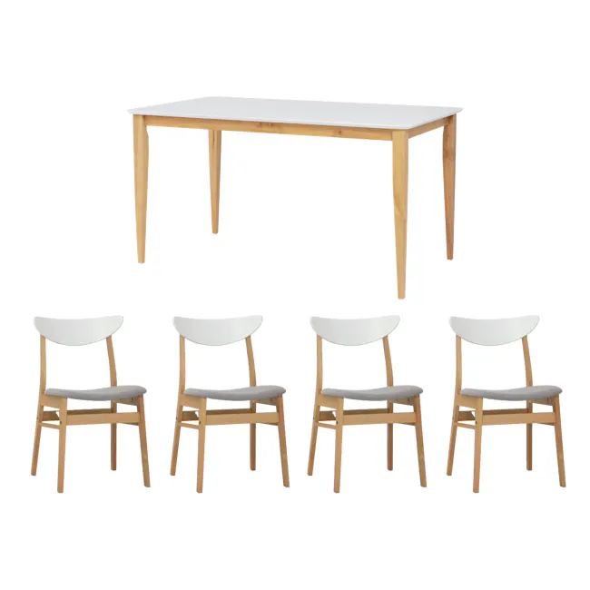 Charmant Dining Table 1.4m with 4 Macy Dining Chairs in Natural, White - 1