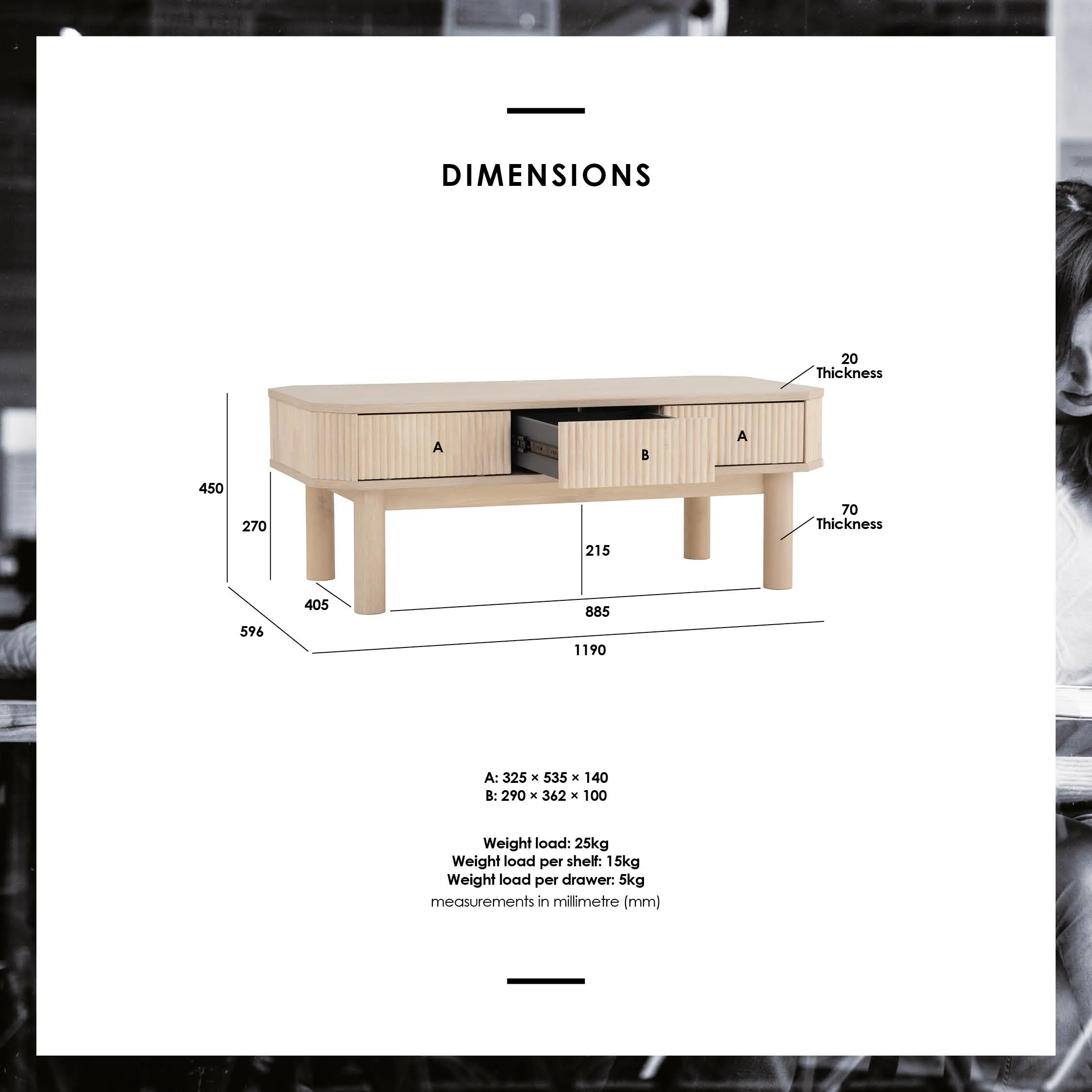 Claire Single Drawer Coffee Table 1.2m - 9 - Dimensions, table, wooden, furniture, design, structure, shelf, drawer, table