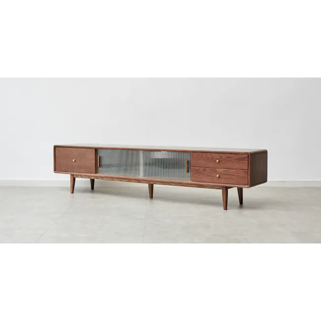Lucia TV Console 2m - 7 - Wooden sideboard with glass partition, minimalist design, modern aesthetic, rich brown finish