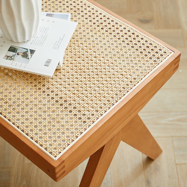 Alton Rattan Square Stool - Honey Oak - 3 - Wooden side table with woven top, light brown finish, small white vase on top