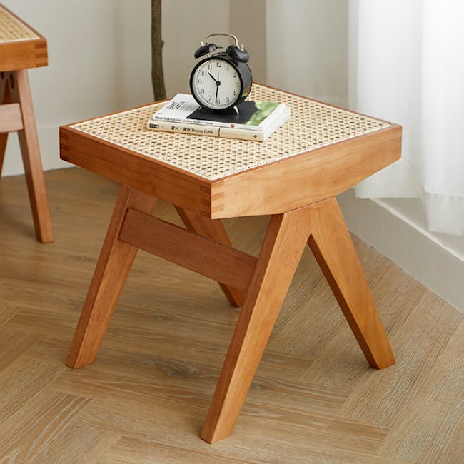Alton Rattan Square Stool - Honey Oak - 2 - Wooden side table, minimalist design, woven texture, natural wood finish, small