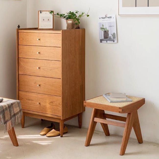 Alton Rattan Square Stool - Honey Oak - 4 - Wooden dresser with four drawers, light brown finish, minimalist design, wooden