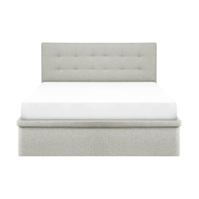 ESSENTIALS Queen Headboard Storage Bed - Dew (Eco Clean Fabric) - 1 - Modern minimalist bed with soft gray upholstered