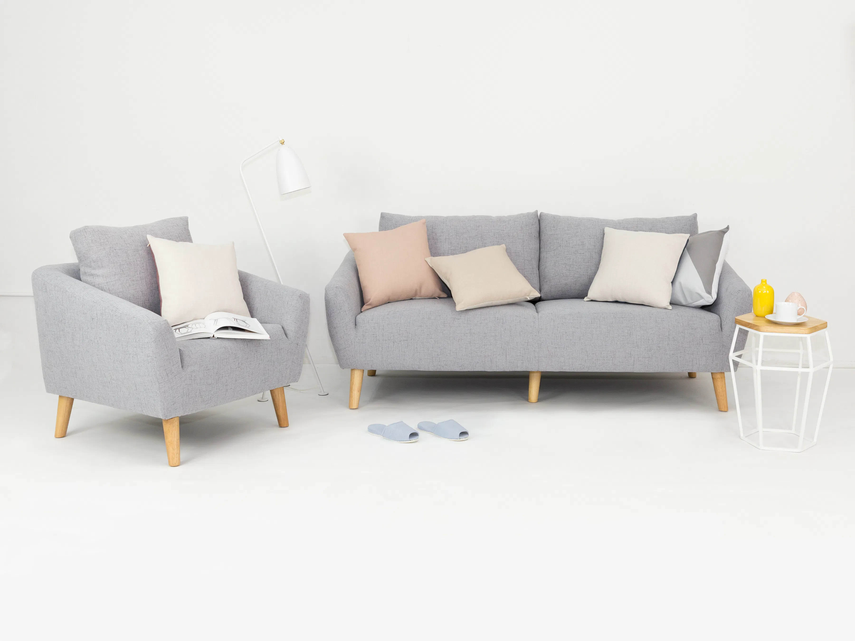 Hana Armchair - Light Grey - 10 - Light gray armchair, wooden legs, light beige and gray pillows, white floor lamp, light