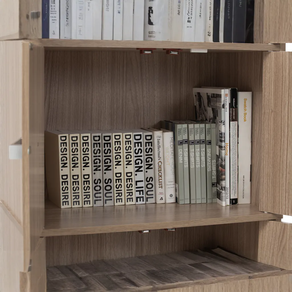 Naya 10 Door Cabinet - Ebonnese - 13 - Wooden bookshelf, neatly organized books, beige and white spines, "DESIGN. SOUL"