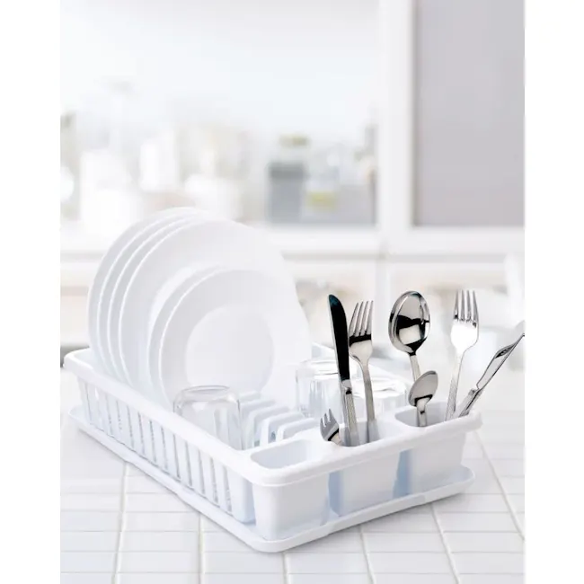 Tatay Dishdrainer Tray - White - 3 - white plate tray, neatly organized dishes, modern kitchen utensils, clean dining setup