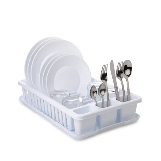 Tatay Dishdrainer Tray - White - 2 - White dish rack, stainless steel utensils, neatly organized plates, clear glass jars