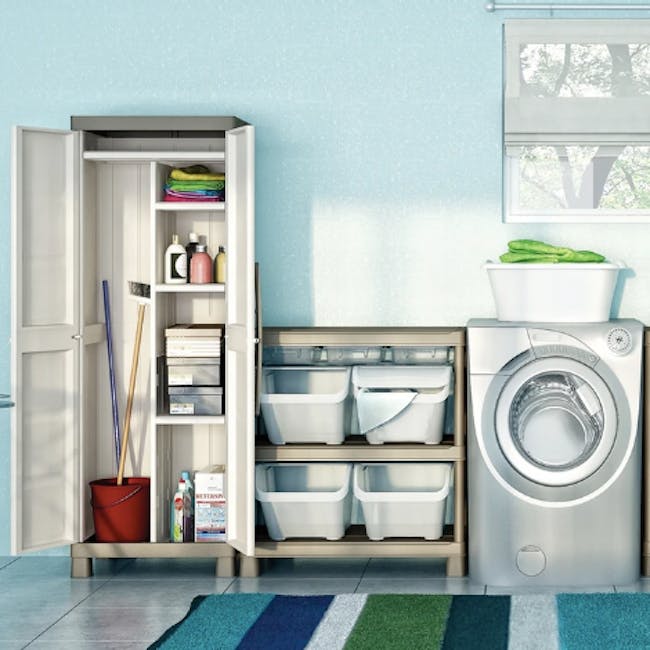 Excellence Multipurpose Cabinet - 5 - Open laundry cabinet, neatly organized shelves, white washing machine, colorful rug
