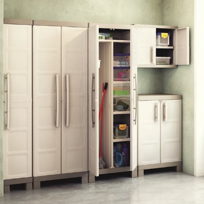 Excellence Multipurpose Cabinet - 6 - White kitchen cabinet with open doors, storage bins, colorful containers, cleaning