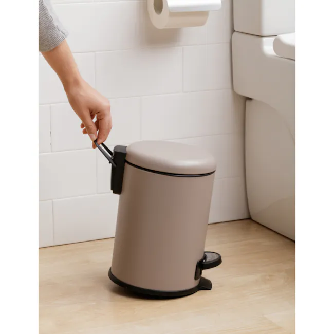 Tatay Nordic Stainless Steel Dustbin 3L - Taupe - 5 - Gray toilet paper holder, beige toilet, white tiled wall, person's